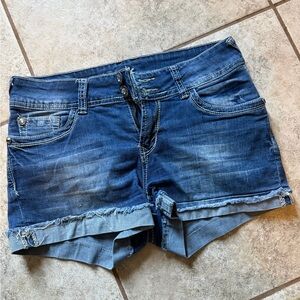 Wallflower Blue Jean Shorts with Frayed Hem